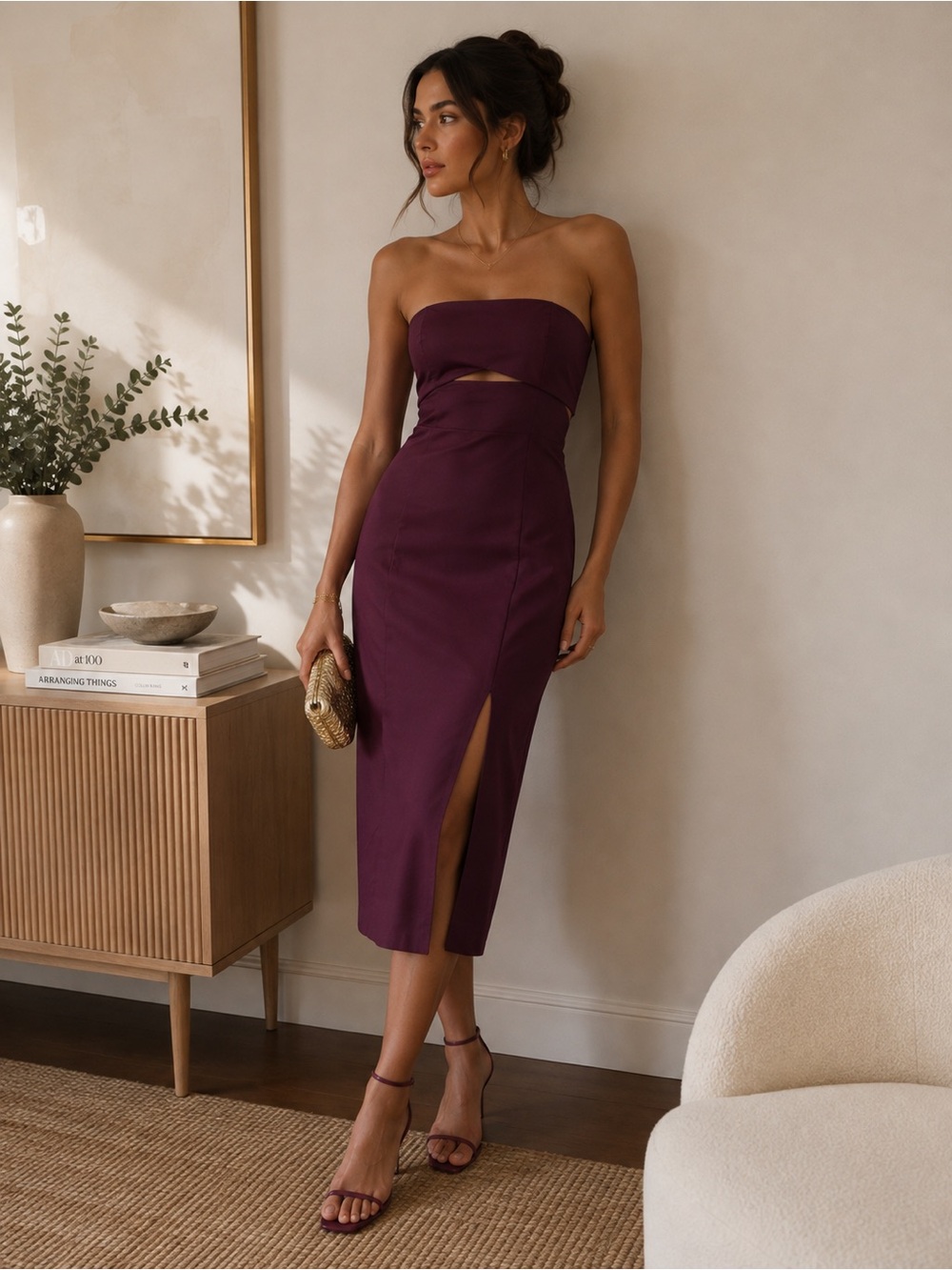 Anthropologie Merlot Burgundy Ribbed Cutout Strapless Dress
